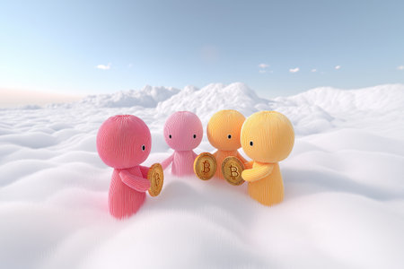 Four colorful, abstract characters made of lines are exchanging golden bitcoin coins in a snowy, cloud-like landscape, symbolizing digital currency.の素材