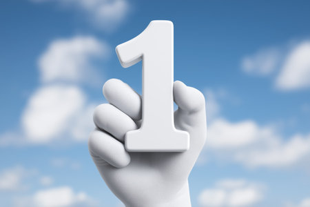 A white, textured hand holds up the number one against a blue sky with clouds, representing the concept of being the best, success, and leadership.の素材