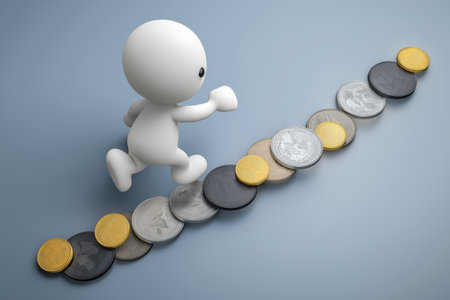 An abstract white figure runs on a path made of gold, silver, and black coins, illustrating the journey to financial success, investment, and business.の素材