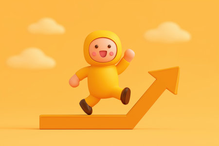 A cheerful cartoon character in a business suit happily runs up a rising yellow arrow. A business concept for career growth, progress, and financial success.の素材