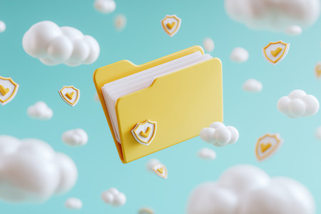 A yellow folder surrounded by clouds and security shields, representing the concept of secure cloud data storage, information protection, and online safety.の素材