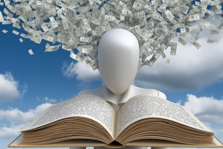 A faceless white figure reads a large open book as dollar bills rain down from the sky, symbolizing the connection between knowledge and financial success.の素材