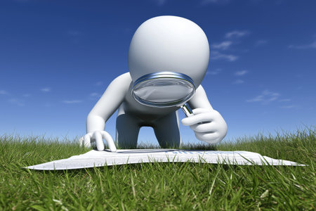 An abstract white figure kneels on the grass and uses a magnifying glass to carefully examine a document, symbolizing contract review and due diligence.の素材