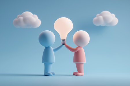A blue male and a pink female character stand together, holding up a single white lightbulb, symbolizing a shared idea, teamwork, or a bright future.の素材
