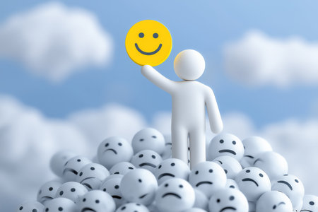 A concept of positive attitude and emotional intelligence in business. A 3D character stands above a crowd of sad faces, holding up a single yellow happy face.の素材