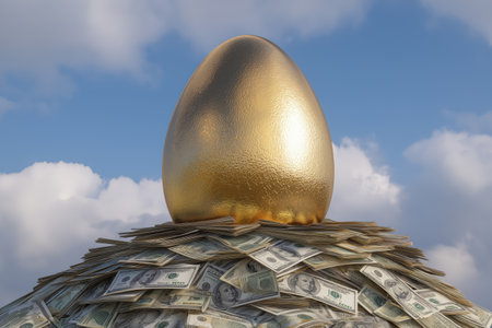 A large, shiny golden egg rests on a massive pile of dollar bills under a blue sky, symbolizing wealth, investment, and financial success.の素材