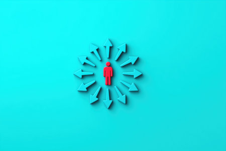 A business concept of focus, centralization, or being the target of attention. A red character stands in the center of a circle of arrows all pointing towards it.の素材