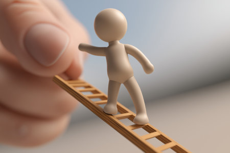 A large hand provides a small wooden ladder for an abstract figure to climb, symbolizing business support, mentorship, and career development.の素材
