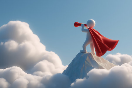 A superhero with a red cape stands on a mountain peak high above the clouds, looking through a telescope to survey the horizon, representing leadership and vision.の素材
