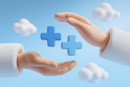 Two hands in medical scrubs gently hold two blue plus signs, representing healthcare, medical benefits, insurance, and the concept of protection and care.の素材
