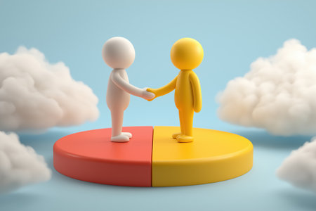 A minimalist white and a yellow figure finalize a deal with a handshake while standing on a simple two-part pie chart, representing a partnership or agreement.の素材