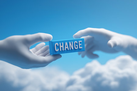 Two hands emerge from the clouds, passing a blue block with the word 'CHANGE' between them, representing transformation, opportunity, and new beginnings.の素材