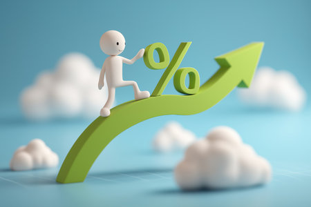 A smiling character climbs a large green arrow that has a percentage symbol on it, symbolizing rising interest rates, financial growth, or investment success.の素材