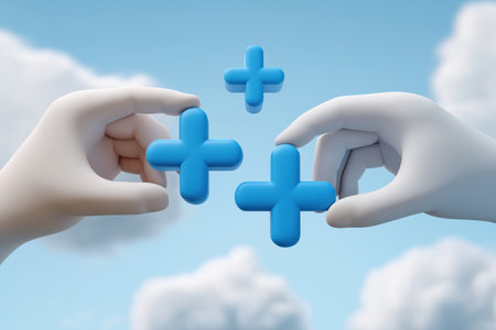 Two hands work together, adding blue plus signs against a sky with clouds, symbolizing positive additions, benefits, advantages, and added value.の素材