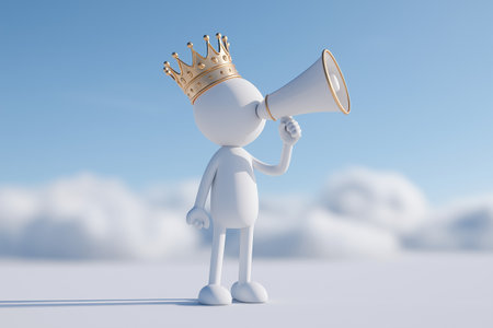 A character wearing a golden king's crown makes an important announcement with a megaphone, symbolizing authority, leadership, and powerful communication.の素材