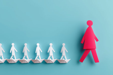 A business concept of leadership and teamwork. A large red paper figure walks on water, leading a line smaller of white figures in paper boats to a new goal.の素材