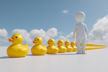 A single character stands as a leader, with a long, perfectly straight line of yellow rubber ducks following behind, symbolizing leadership and conformity.の素材