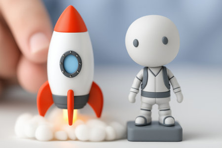 A small astronaut figure stands next to a toy rocket that is about to launch, with a hand in the background, symbolizing a new business startup.の素材