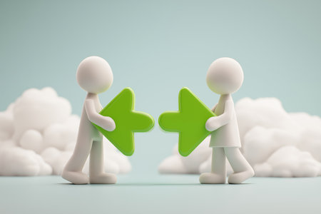 Two green characters walk towards each other, holding large green arrows that point towards the center, symbolizing meeting, connection, and agreement.の素材