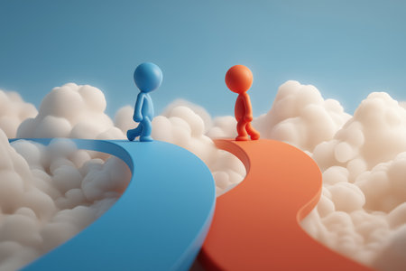 A blue and an orange figure walk along separate curved paths high above the clouds, illustrating individual journeys, different career paths, or separation.の素材