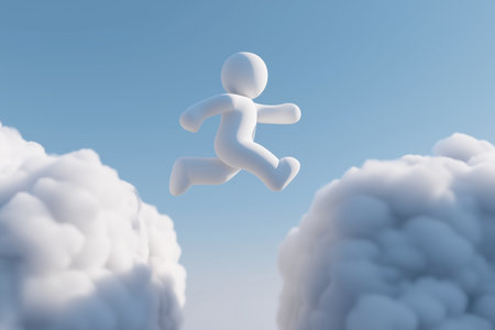 A brave character is captured mid-air, jumping across a wide gap between two fluffy clouds, symbolizing risk, a leap of faith, and overcoming challenges.の素材