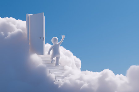 A figure climbs a stairway into the clouds and waves goodbye at an open door, symbolizing death, the afterlife, a new beginning, or a major life transition.の素材