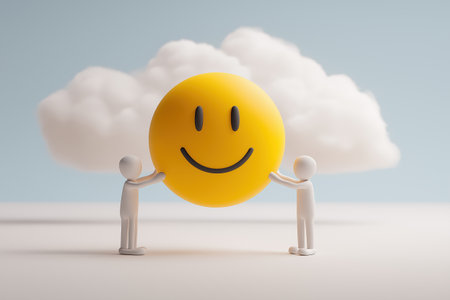Two minimalist figures work together to lift a large yellow smiling emoji, symbolizing teamwork to achieve happiness, customer satisfaction, or positive results.の素材