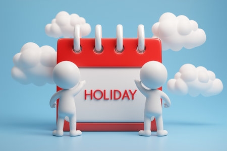 A cheerful concept with two white characters waving next to a red desk calendar that says 'HOLIDAY', representing the start of a vacation, time off, or a celebration.の素材