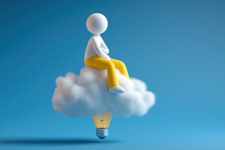 A character sits thoughtfully on a cloud that is being lifted by a large, glowing lightbulb underneath, symbolizing idea-driven progress and creative thinking.の素材