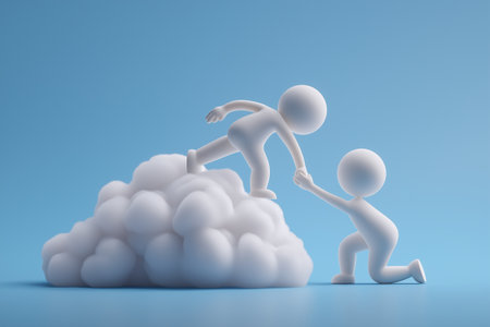 One character kneels to give a helping hand to another figure, pulling them up onto a cloud, representing support, teamwork, friendship, and mentorship.の素材