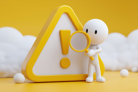 A cute character inspects a large yellow warning triangle with an exclamation mark, using a magnifying glass, symbolizing risk assessment and investigation.の素材