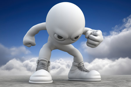 A business concept of aggressive competition, determination, and facing challenges. An angry 3D character stands in a power pose, with a sky and clouds background.の素材