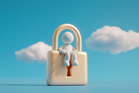 A character sits peacefully on top of a large golden padlock, floating in the sky, representing concepts of security, data privacy, safety, and protection.の素材