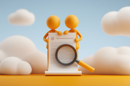 Two yellow characters stand behind a document, using a magnifying glass to examine the details, representing teamwork in auditing, research, or analysis.の素材