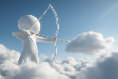 A minimalist character stands among the clouds, drawing a bow and aiming an arrow, representing ambition, focus, and aiming for a specific target or goal.の素材