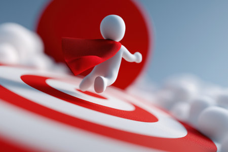 A superhero with a red cape flies with determination towards the center of a large target, symbolizing a focused mission, ambition, and high performance.の素材