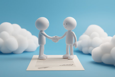 A minimalist representation of a business agreement, where two white characters shake hands over a signed document, symbolizing a successful deal, partnership, or contract.の素材