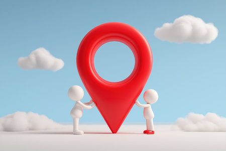 Two small characters work together to carry and place a large red location pin, symbolizing setting a goal, reaching a destination, or teamwork in logistics.の素材