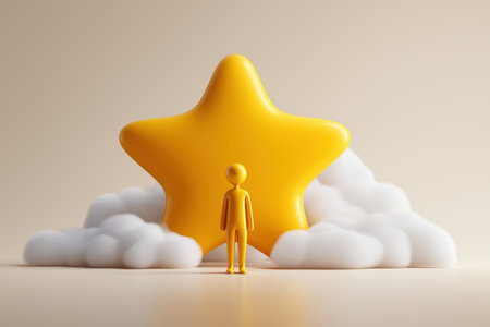 A single yellow character stands proudly in front of a giant yellow star, symbolizing the achievement of fame, success, and being a celebrated winner or VIP.の素材