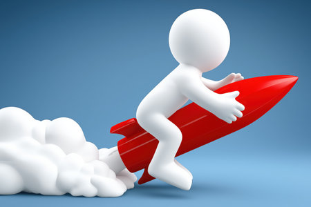 A character rides a powerful red rocket with a trail of smoke, symbolizing a fast startup launch, rapid business growth, and achieving goals quickly.の素材