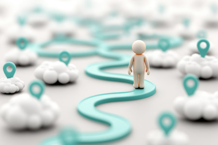 A character stands on a winding path with multiple location pins on clouds, symbolizing a career journey, business strategy, and making choices for the future.の素材