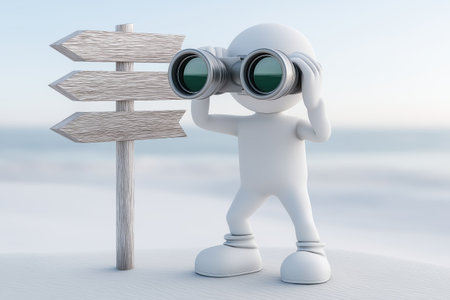 A character with large binoculars stands next to a wooden signpost with multiple arrows, looking for new directions and future business opportunities.の素材