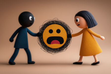 Two characters struggle over a sad, messy-looking emoji, representing the challenge of managing negative customer feedback and resolving business conflicts.の素材