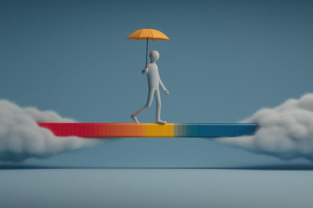 A pixelated character with an umbrella walks on a rainbow-colored bridge between clouds, symbolizing a journey of progress, diversity, or creative development.の素材