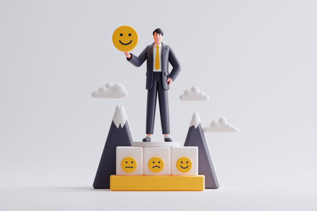 A businessman stands on a winner's podium of emoticons, holding up a happy face, symbolizing top customer ratings and a positive business reputation.の素材