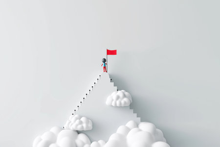 A character plants a red flag on top of a mountain-like staircase in the clouds, symbolizing the achievement of a major business goal and success.の素材