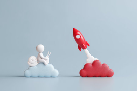 A character riding a snail on a cloud watches a competitor's rocket launch, symbolizing different paces of business growth and the challenge of competition.の素材