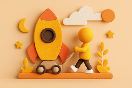 A character pulls a toy rocket, symbolizing the preparation and effort behind launching a new business, startup, or innovative project. A concept of hope.の素材