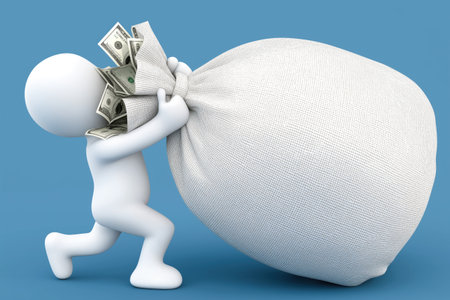 A figure struggles to carry a huge sack overflowing with dollar bills, symbolizing the challenges and responsibilities that come with great business profits.の素材