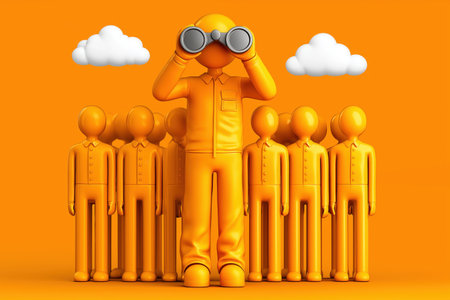 A leader figure with binoculars stands before their team, representing business vision, forecasting, and guiding a team towards future opportunities.の素材